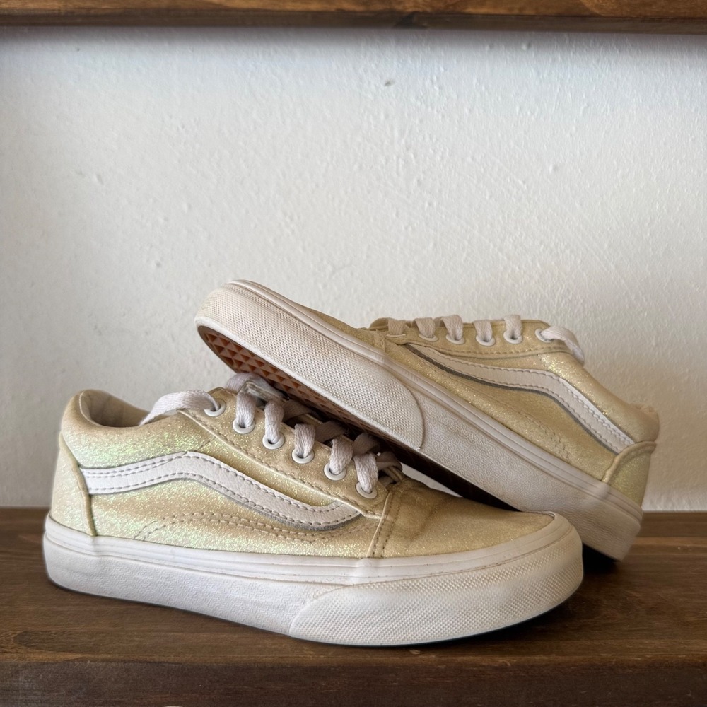Vans Old Skool‎ Iridescent Gold Shimmer Sneakers Kids Size 2.5 White Low Top